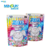 Colorful candy pouch with rainbow swirls and cartoon dog, labeled freeze-dried assorted taffy