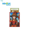 Card sleeve with anime girl in red-black outfit and hat, holding staff against blue sky background.