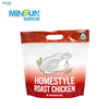  Roast chicken pouch with herbs illustration, red-white gradient, and freshness label with carry handle.