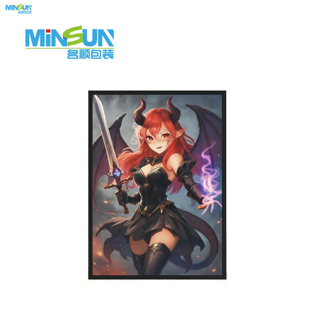 Fantasy-style print of a red-haired demon girl with horns, wings, a sword, and glowing purple magic in a dark background.