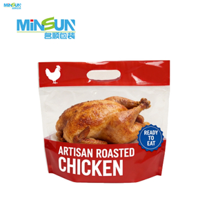 Red and white roast chicken pouch with clear window, chicken silhouette, and ready-to-eat label