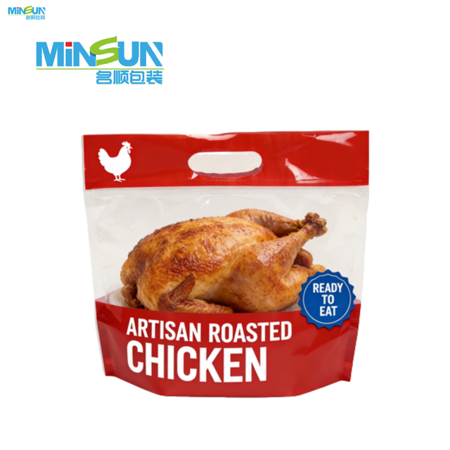 Red and white roast chicken pouch with clear window, chicken silhouette, and ready-to-eat label