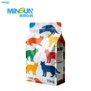 A 15kg pet food pouch with multicolored cat silhouettes, white background, and resealable zipper.