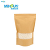 Stand-up kraft paper pouch with clear window, filled with white granules, resealable and suitable for food packaging