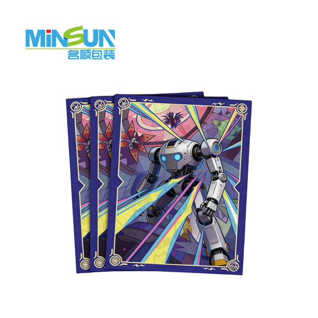 Trading card featuring a humanoid robot emitting laser beams, with blue border and gold accents