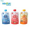 Three fruit jelly juice pouches with cartoon fruit characters and colored caps for kids.