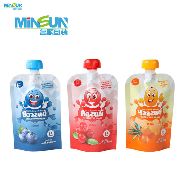 Three fruit jelly juice pouches with cartoon fruit characters and colored caps for kids.