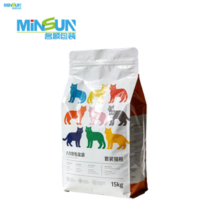 A 15kg pet food stand-up pouch with colorful cat silhouettes, featuring a resealable zipper and branded packaging.