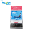 Printed plastic packaging bag with couple illustration, blue background, heart graphic, and bilingual branding text.