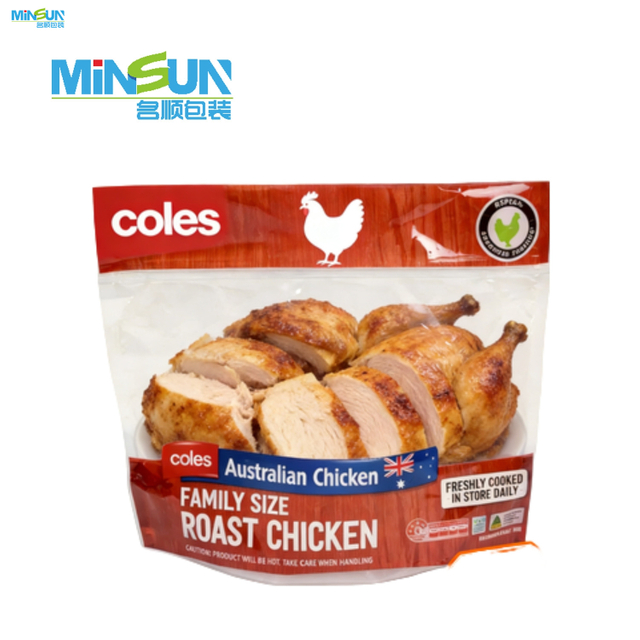 Family-size roast chicken pouch with clear window, sliced chicken, and Australian origin badge.