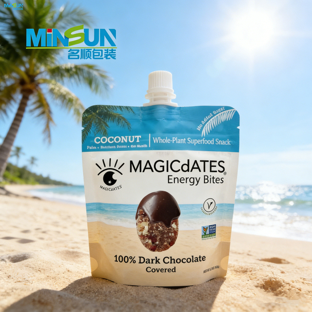 Stand-up pouch of MAGICDATES coconut energy bites with tropical-themed design and resealable top