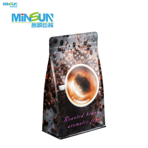 Coffee packaging bag with cup and beans image, designed for roasted coffee with aromatic appeal